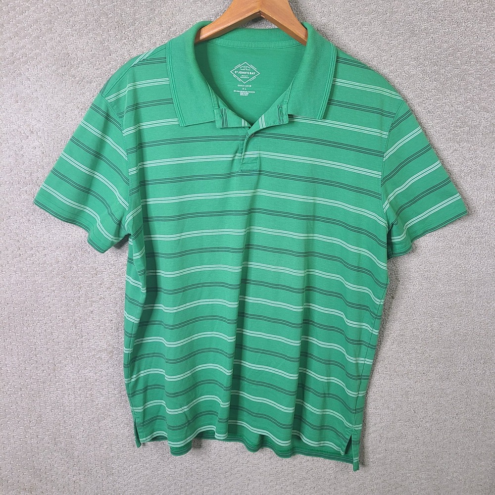 St Johns Bay Shirt Mens XL Green Striped Polo Quick Dri Pima Cotton Casual